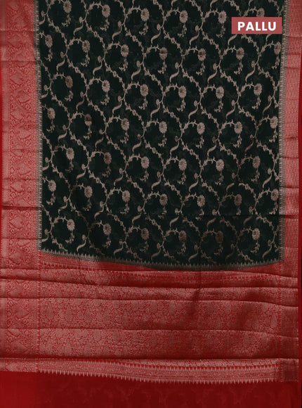 Semi chiniya silk saree bottle green and red with allover thread & zari weaves and woven border