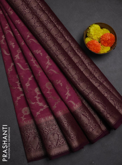 Semi chiniya silk saree mauve pink and wine shade with allover thread & zari weaves and woven border
