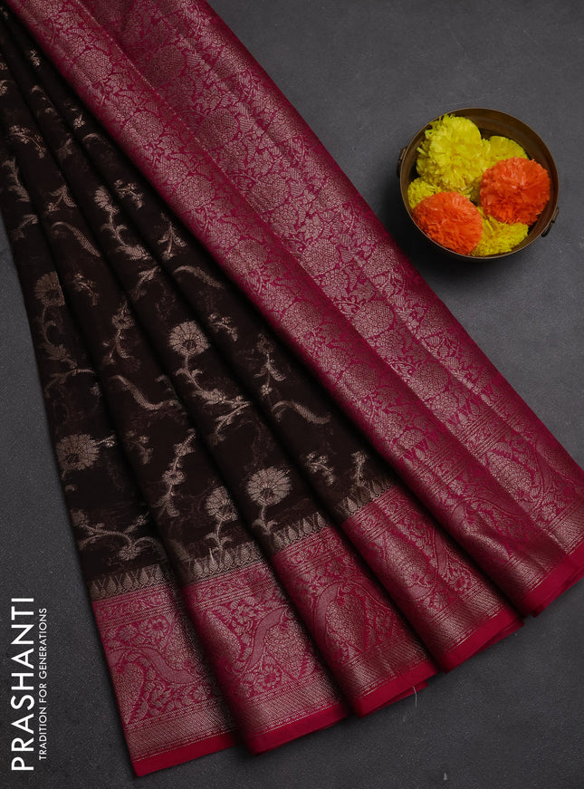 Semi chiniya silk saree coffee brown and pink with allover thread & zari weaves and woven border