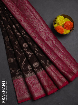 Semi chiniya silk saree coffee brown and pink with allover thread & zari weaves and woven border