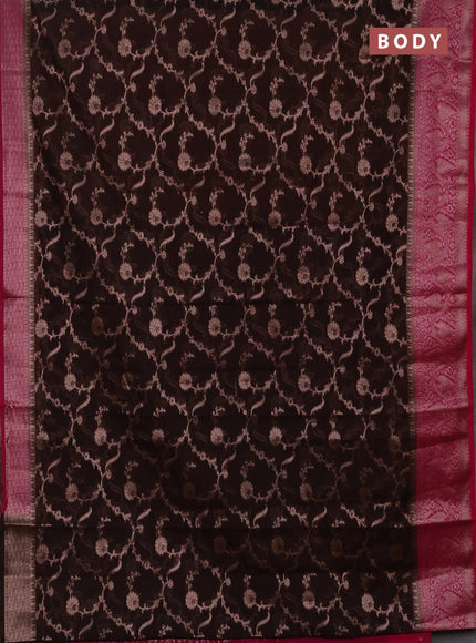 Semi chiniya silk saree coffee brown and pink with allover thread & zari weaves and woven border