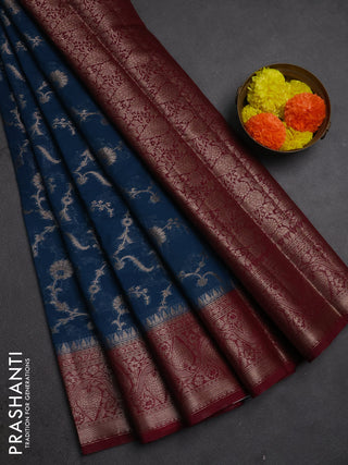 Semi chiniya silk saree peacock blue and wine shade with allover thread & zari weaves and woven border