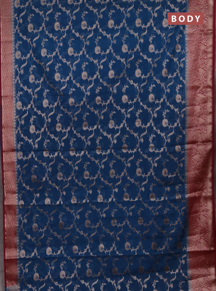 Semi chiniya silk saree peacock blue and wine shade with allover thread & zari weaves and woven border