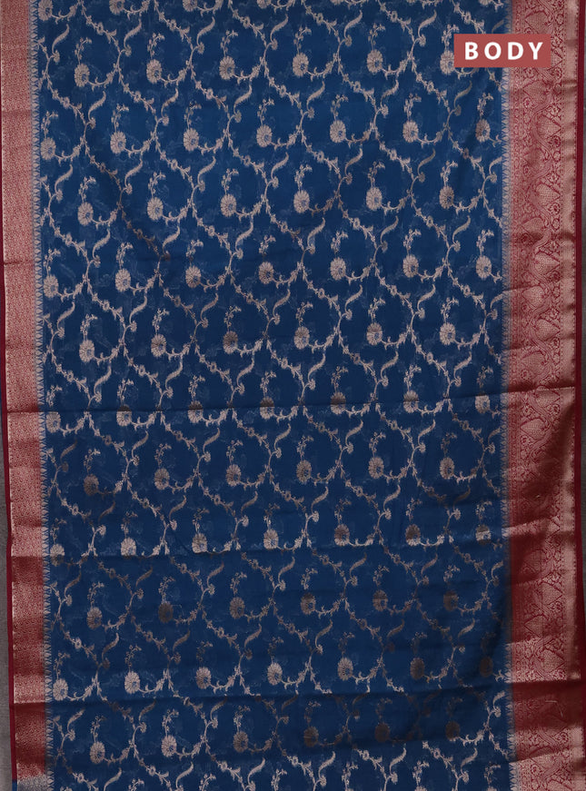 Semi chiniya silk saree peacock blue and wine shade with allover thread & zari weaves and woven border
