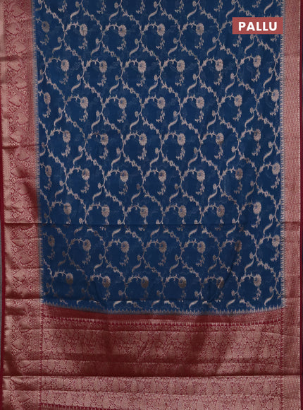 Semi chiniya silk saree peacock blue and wine shade with allover thread & zari weaves and woven border