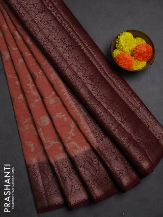 Semi chiniya silk saree dark peach and wine shade with allover thread & zari weaves and woven border