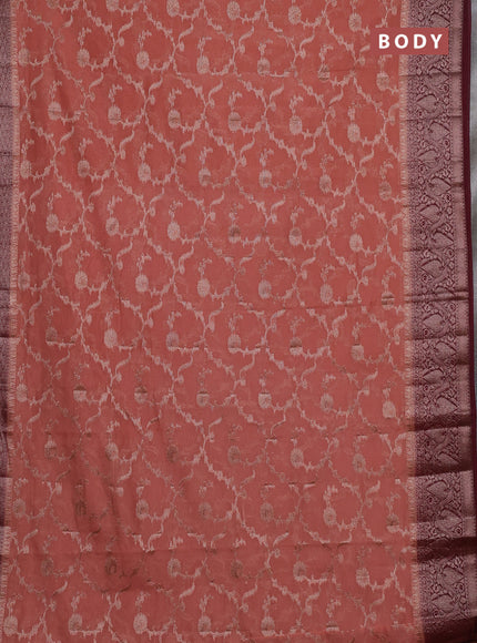 Semi chiniya silk saree dark peach and wine shade with allover thread & zari weaves and woven border