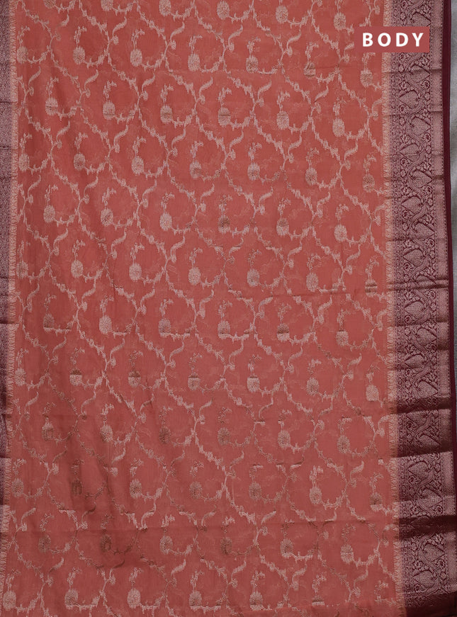 Semi chiniya silk saree dark peach and wine shade with allover thread & zari weaves and woven border