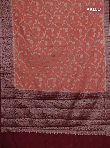 Semi chiniya silk saree dark peach and wine shade with allover thread & zari weaves and woven border