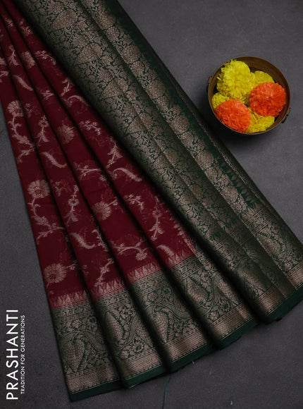 Semi chiniya silk saree deep maroon and bottle green with allover thread & zari weaves and woven border