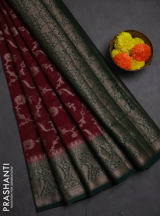 Semi chiniya silk saree deep maroon and bottle green with allover thread & zari weaves and woven border