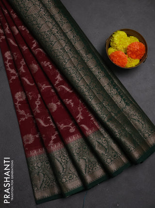 Semi chiniya silk saree deep maroon and bottle green with allover thread & zari weaves and woven border