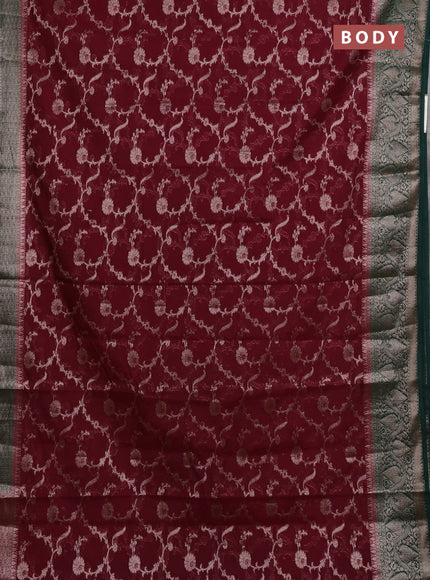 Semi chiniya silk saree deep maroon and bottle green with allover thread & zari weaves and woven border