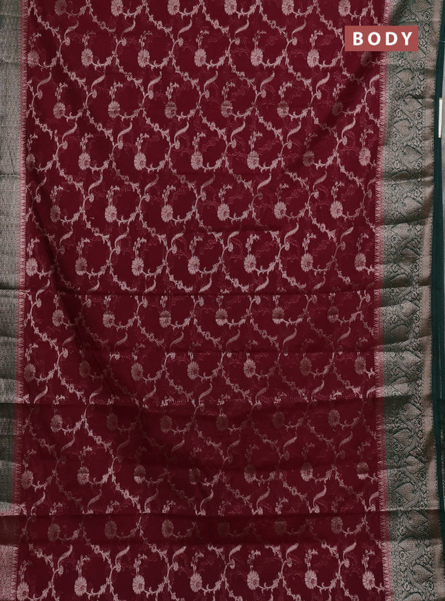 Semi chiniya silk saree deep maroon and bottle green with allover thread & zari weaves and woven border