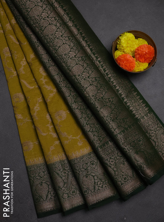 Semi chiniya silk saree mehendi green and bottle green with allover thread & zari weaves and woven border