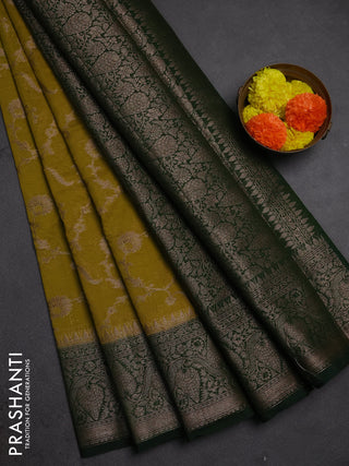 Semi chiniya silk saree mehendi green and bottle green with allover thread & zari weaves and woven border