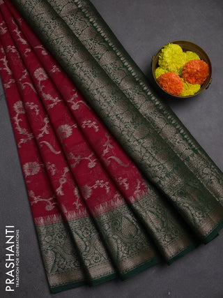 Semi chiniya silk saree pink and bottle green with allover thread & zari weaves and woven border