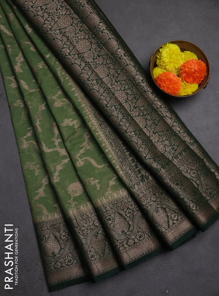Semi chiniya silk saree pastel green and bottle green with allover thread & zari weaves and woven border
