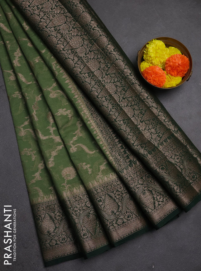 Semi chiniya silk saree pastel green and bottle green with allover thread & zari weaves and woven border