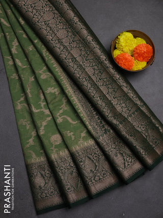 Semi chiniya silk saree pastel green and bottle green with allover thread & zari weaves and woven border