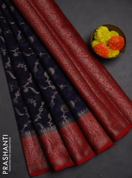 Semi chiniya silk saree navy blue and red with allover thread & zari weaves and woven border