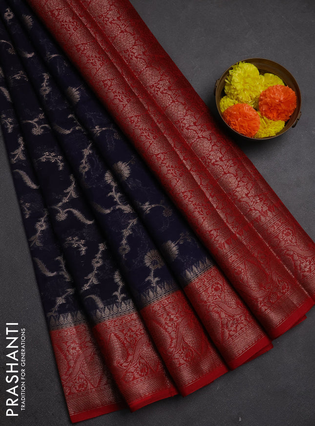 Semi chiniya silk saree navy blue and red with allover thread & zari weaves and woven border