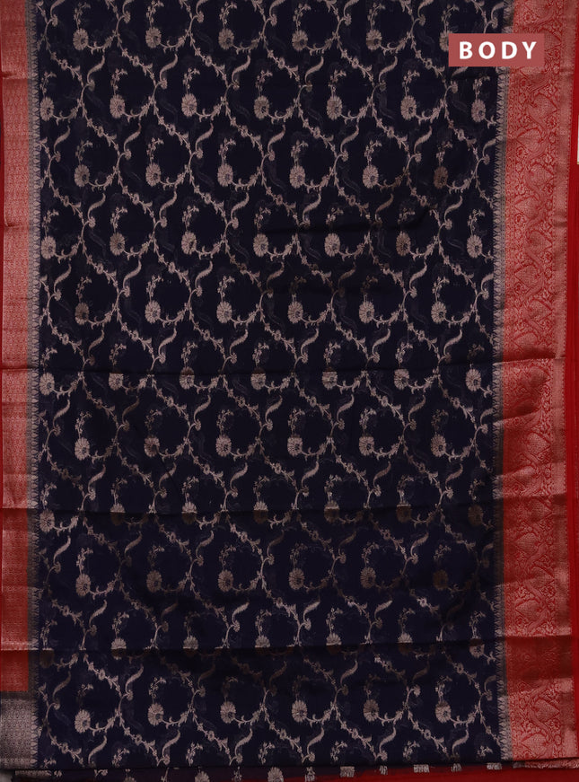 Semi chiniya silk saree navy blue and red with allover thread & zari weaves and woven border