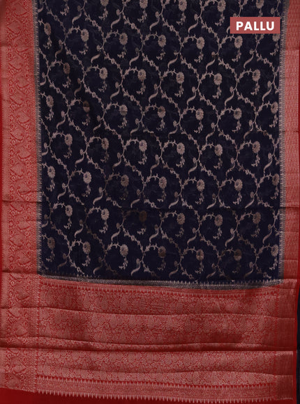 Semi chiniya silk saree navy blue and red with allover thread & zari weaves and woven border