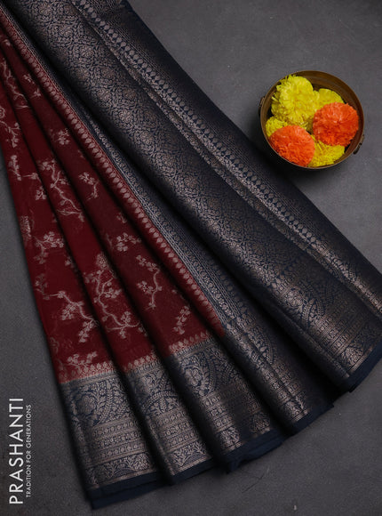 Semi chiniya silk saree maroon and peacock blue with allover thread & zari weaves and woven border
