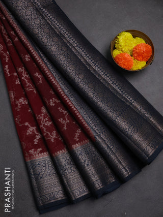 Semi chiniya silk saree maroon and peacock blue with allover thread & zari weaves and woven border