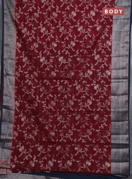 Semi chiniya silk saree maroon and peacock blue with allover thread & zari weaves and woven border
