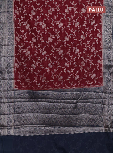 Semi chiniya silk saree maroon and peacock blue with allover thread & zari weaves and woven border