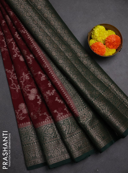 Semi chiniya silk saree deep maroon and bottle green with allover thread & zari weaves and woven border
