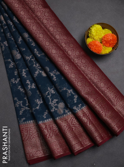 Semi chiniya silk saree peacock blue and maroon with allover thread & zari weaves and woven border