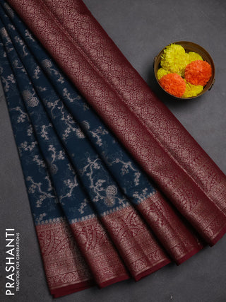 Semi chiniya silk saree peacock blue and maroon with allover thread & zari weaves and woven border