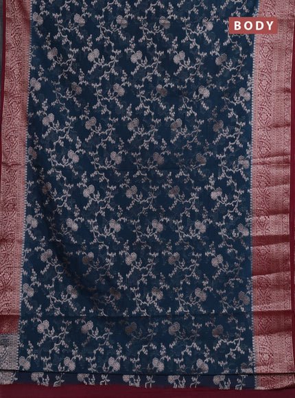 Semi chiniya silk saree peacock blue and maroon with allover thread & zari weaves and woven border