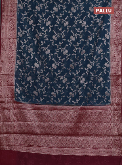 Semi chiniya silk saree peacock blue and maroon with allover thread & zari weaves and woven border