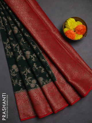 Semi chiniya silk saree bottle green and red with allover thread & zari weaves and woven border