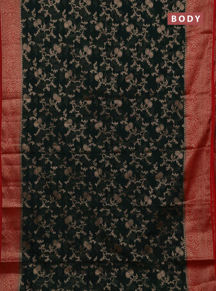 Semi chiniya silk saree bottle green and red with allover thread & zari weaves and woven border