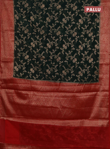 Semi chiniya silk saree bottle green and red with allover thread & zari weaves and woven border