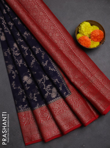 Semi chiniya silk saree navy blue and red with allover thread & zari weaves and woven border