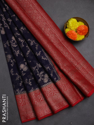 Semi chiniya silk saree navy blue and red with allover thread & zari weaves and woven border