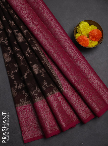Semi chiniya silk saree coffee brown and magenta pink with allover thread & zari weaves and woven border