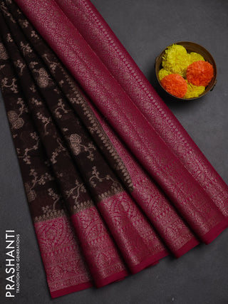 Semi chiniya silk saree coffee brown and magenta pink with allover thread & zari weaves and woven border