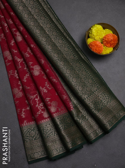 Semi chiniya silk saree pink and dark green with allover thread & zari weaves and woven border