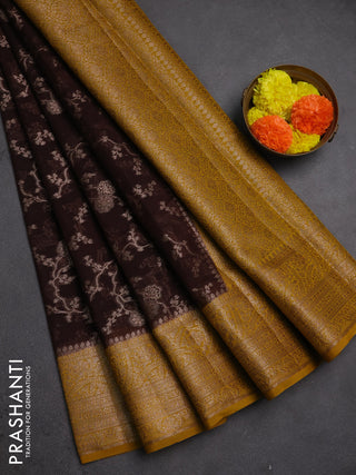 Semi chiniya silk saree coffee brown and dark mustard with allover thread & zari weaves and woven border