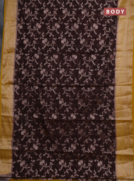 Semi chiniya silk saree coffee brown and dark mustard with allover thread & zari weaves and woven border