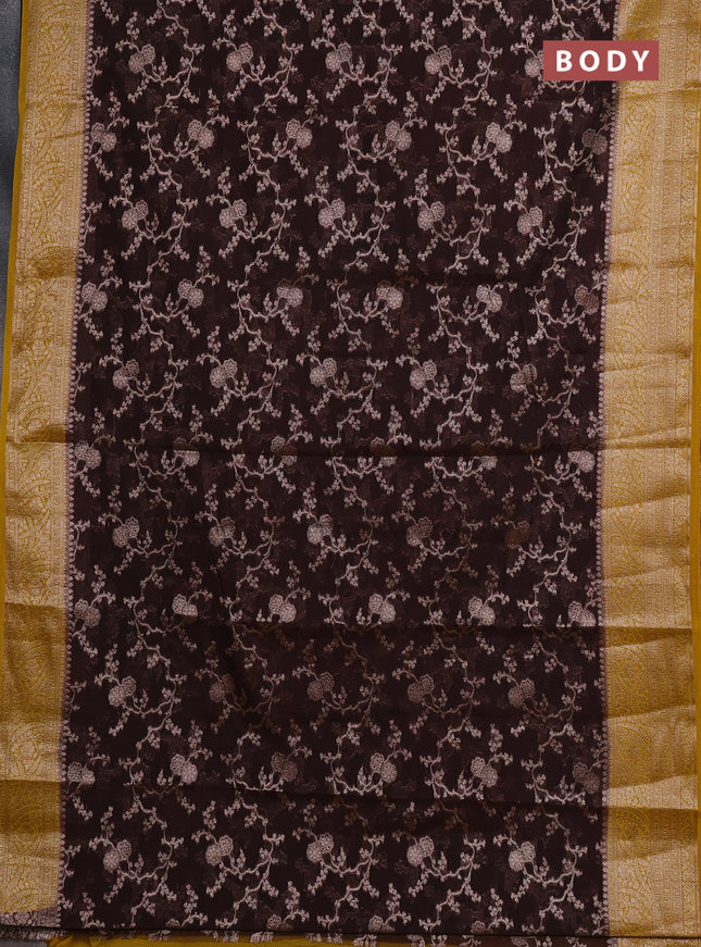 Semi chiniya silk saree coffee brown and dark mustard with allover thread & zari weaves and woven border