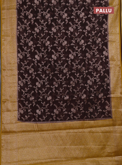 Semi chiniya silk saree coffee brown and dark mustard with allover thread & zari weaves and woven border