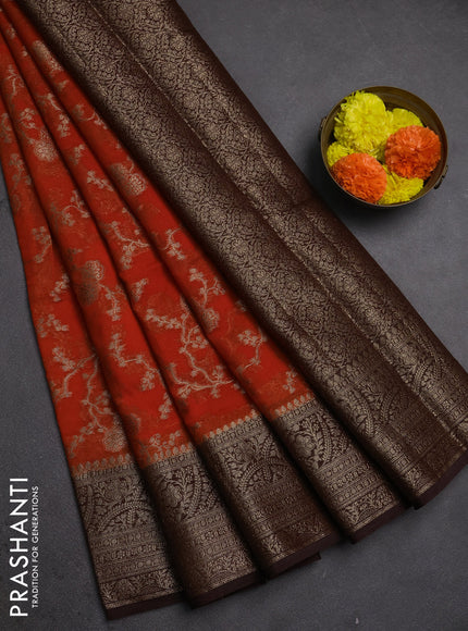 Semi chiniya silk saree orange and brown with allover thread & zari weaves and woven border